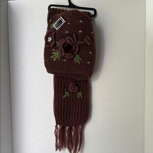 Brown Knit Scarf and Hat set with Floral Embellishments